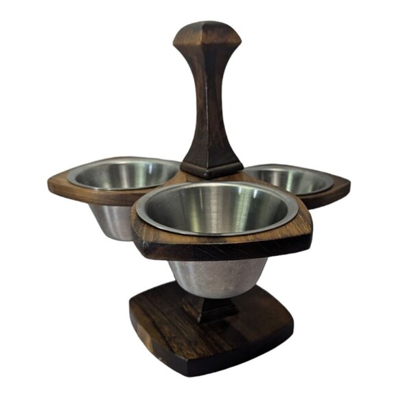 Vintage Rustic Wooden Condiment Stand with three stainless bowl inserts MCM Retr - Picture 1 of 10